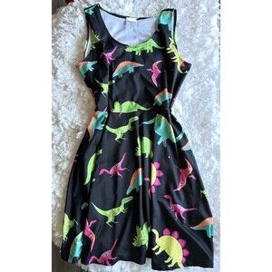 CowCow Dinosaur Print A-Line Dress Womens 3XL Black Tank Knee Length Teacher